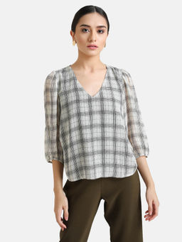 Kazo - Grey Checks Printed Top with Puff Sleeves
