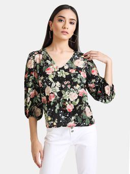 Kazo - Black Floral Floral Printed Top with Puff Sleeves