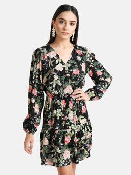 Kazo - Black Floral Floral Printed Wrap Dress with Puff Sleeves