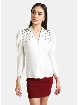 Kazo - White Embellished Embellished Puff Sleeve Shirt