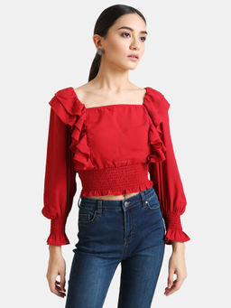 Kazo - Red Solid Ruffle Detail Puff Sleeve Top