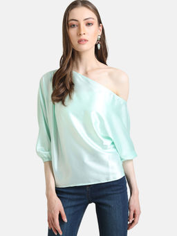 Kazo - Pastel Green Solid Satin Batwing Sleeve Top