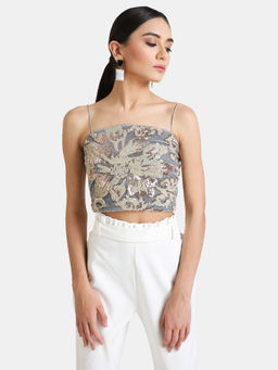 Kazo - Maroon Embellished Velvet Sequin Crop Top