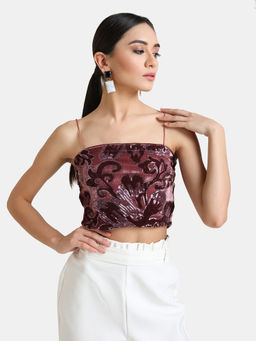 Kazo - Pink Embellished Velvet Sequin Crop Top
