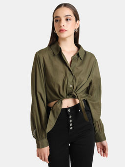 Kazo - Olive Solid Classic Collar Tie-Up Shirt