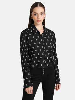 Kazo - Black Printed Chevron Print Crop Shirt