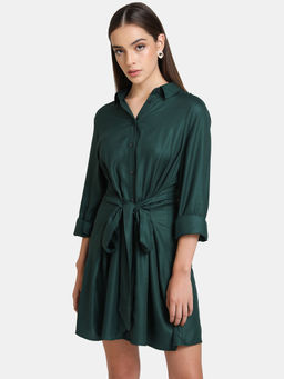 Kazo - Green Solid Tie-Knot Detailed Mini Dress