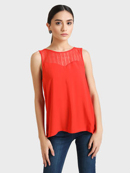 Kazo - Red Solid Lace Detailed Top