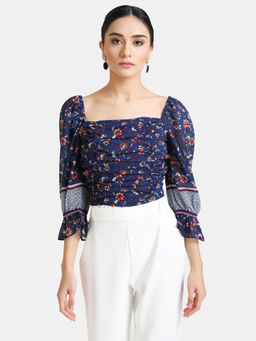 Kazo - Navy Blue Floral Ruched Floral Print Crop Top