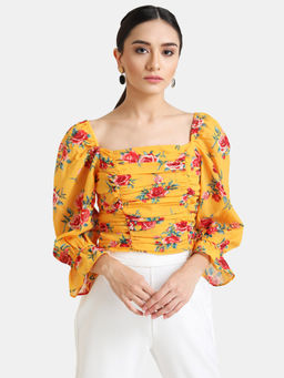 Kazo - Yellow Floral Ruched Floral Print Crop Top