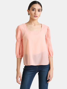Kazo - Peach Solid V Neck Puff Slevees Top
