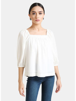 Kazo - White Solid Elasticated Neck Top