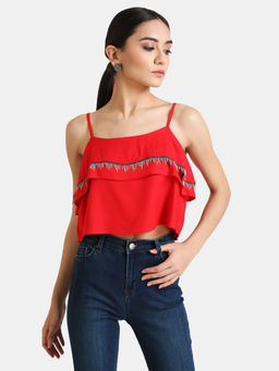 Kazo - Red Solid Chain Detail Crop Top