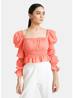 Kazo - Coral Solid Puff Sleeve Top with Elastic