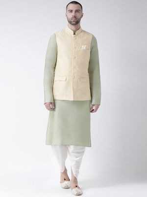 KISAH Kurta-jas- en broekset van katoenmix voor heren, Nehru-jas, vest