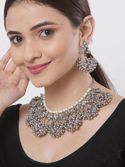 Karatcart - Oxidised Silver Red Kundan Studded Choker Necklace Set