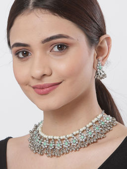Karatcart - Oxidised Silver Lime Green Kundan Studded Handcrafted Choker Necklace Set