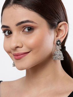 Karatcart - Floral Shaped Oxidised Silver Jhumki Earrings