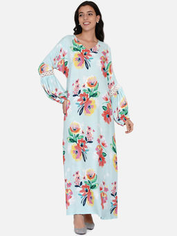 The Kaftan Company - Blue Floral Painterly Floral Maxi Dress With Balloon Sleeves (Pack Of 2)