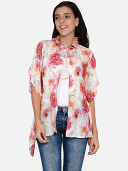 The Kaftan Company - White Floral Brushed Roses Pastel Kaftan Shrug