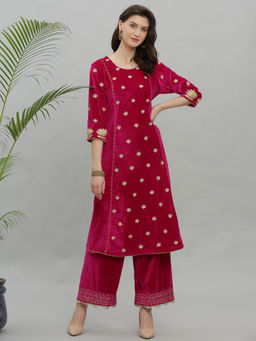Kaanchie Nanggia - Pink Embroidery Velvet Kurta Pallazo - (Set of 2)