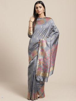 Sareemall - Grey Party Silk Blend Banarasi Saree With Unstitched Blouse