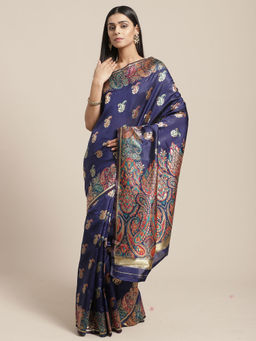 Sareemall - Navy Blue Party Silk Blend Banarasi Saree With Unstitched Blouse