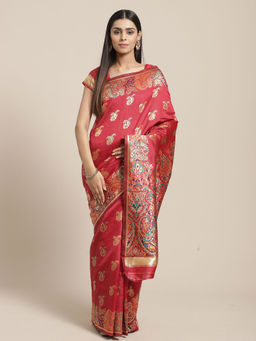 Sareemall - Red Party Silk Blend Banarasi Saree With Unstitched Blouse