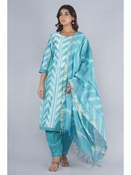 Biba - Blue Cotton Silk Unstitched Dress Material Suit (Set of 3)