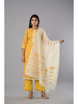 Biba - Yellow Cotton Unstitched Dress Material Suit (Set of 3)