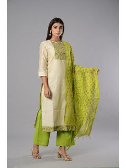 Biba - Green Cotton Silk Unstitched Dress Material Suit (Set of 3)