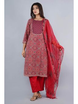 Biba - Red Unstitched Dress Material Suit (Set of 3)