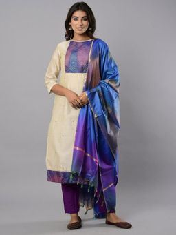 Biba - Beige Unstitched Dress Material Suit (Set of 3)