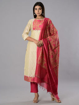 Biba - Beige Unstitched Dress Material Suit (Set of 3)