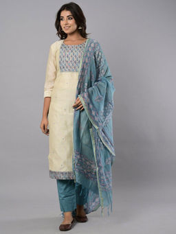 Biba - Beige Unstitched Dress Material Suit (Set of 3)