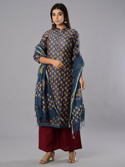 Biba - Blue Unstitched Dress Material Suit (Set of 3)