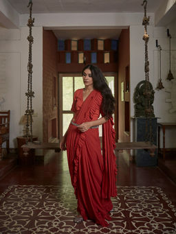 PEELI DORI - Orange Ruffled Saree and Unstitched Blouse