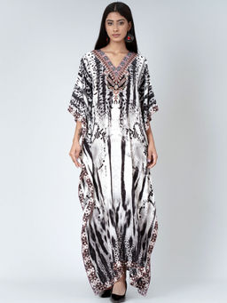 First Resort by Ramola Bachchan - Black And White Animal Print Embellished Silk Full Length Kaftan