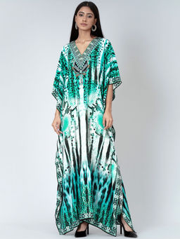 First Resort by Ramola Bachchan - Green And Black Animal Print Embellished Silk Full Length Kaftan