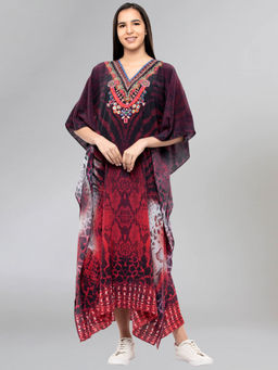 First Resort by Ramola Bachchan - Maroon Python Print Embellished Silk Full Length Kaftan