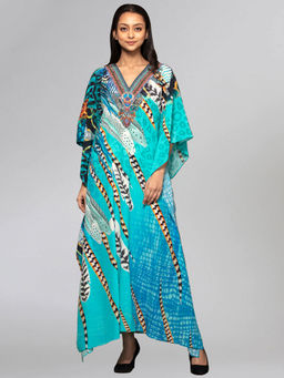 First Resort by Ramola Bachchan - Turquoise Leaf Print Embellished Silk Full Length Kaftan