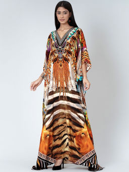 First Resort by Ramola Bachchan - Brown And Black Tribal Print Embellished Silk Full Length Kaftan