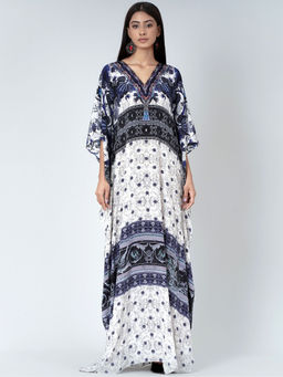 First Resort by Ramola Bachchan - White And Blue Porcelain Print Embellished Silk Full Length Kaftan