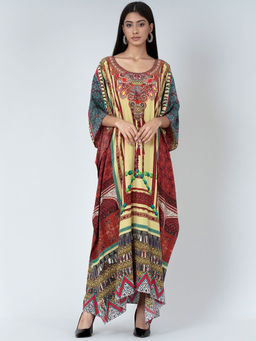 First Resort by Ramola Bachchan - Yellow And Brown Tassel Print Embellished Silk Full Length Kaftan