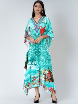 First Resort by Ramola Bachchan - Turquoise Animal Print Embellished Silk Full Length Kaftan