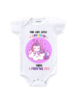 KNITROOT - White Cute Little Unicorn Turns 6 Months Old Print Onesie