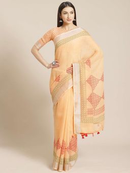 Sareemall - Peach Printed Saree Unstitched Blouse