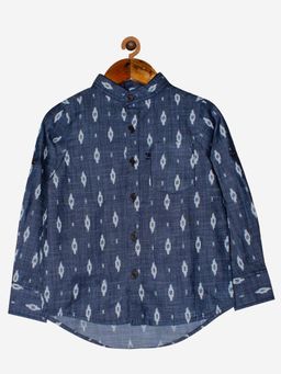 KiddoPanti - Grey Print Boys Mandarin Collar Full Sleeve Shirt