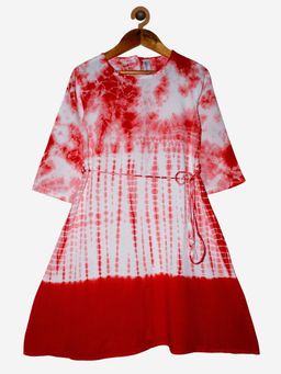 KiddoPanti - Orange & White Girls 3/4th Sleeve Tie And Dye Dress With Dori