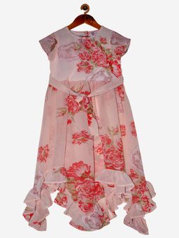KiddoPanti - Peach Flower Girls Cap Sleeves Asymmetric Frill Hem Dress
